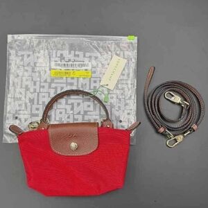 Longchamp Small Red Nylon Mini Top-Handle Bag with Brown Leather Trim